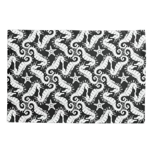 Zwart-wit Herhalend Motief | Zeepaardpatroon Kussensloop (Achterkant)
