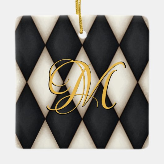 Zwart-wit Herlequin Faux Antiek Monogrammen Keramisch Ornament (Voorkant)
