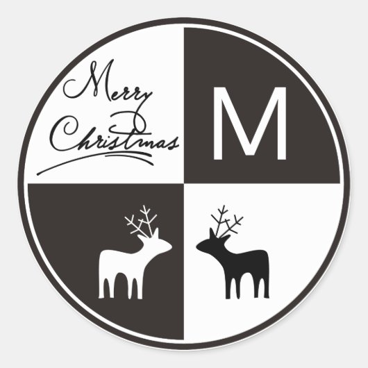 Zwart, wit hert Vrolijk kerstmonogram modern Ronde Sticker (Voorkant)