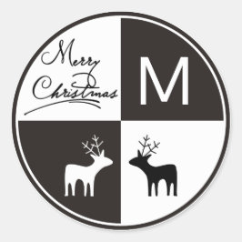 Zwart, wit hert Vrolijk kerstmonogram modern Ronde Sticker