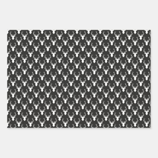 Zwart-wit hertenkoppen patroon inpakpapier vel (Voorkant 3)
