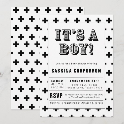 Zwart-wit Het is een Baby shower-uitnodiging. Kaart (Voorkant / Achterkant)