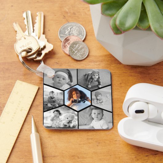 Zwart-wit Hexagon Fotocollage Sleutelhanger (Bureau)