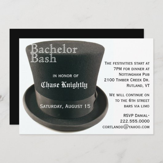 Zwart & Wit Hoed Verlofsfeest Uitnodiging (Voorkant / Achterkant)