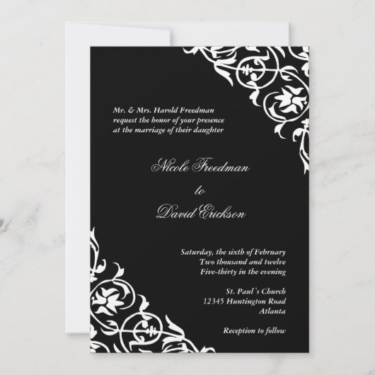 Zwart wit hoekscrolscript elegant bruiloft kaart (Voorkant)