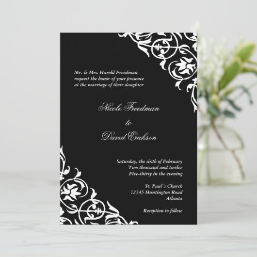 Zwart wit hoekscrolscript elegant bruiloft kaart (Staand voorkant)