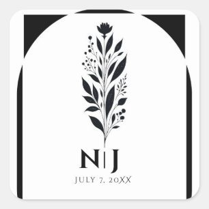 Zwart & Wit Hoge Bloem Moderne Vintage Bruiloft Vierkante Sticker