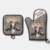 Zwart-wit Holstein Koe met bloemen Ovenwant & Pannenlap Set (Voorkant)
