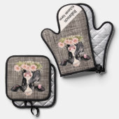 Zwart-wit Holstein Koe met bloemen Ovenwant & Pannenlap Set (Voorkant / Achterkant)