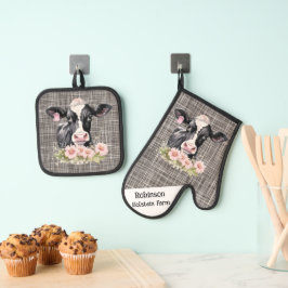 Zwart-wit Holstein Koe met bloemen Ovenwant & Pannenlap Set