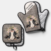 Zwart-wit Holstein Koe met bloemen Ovenwant & Pannenlap Set (Voorkant / Achterkant)