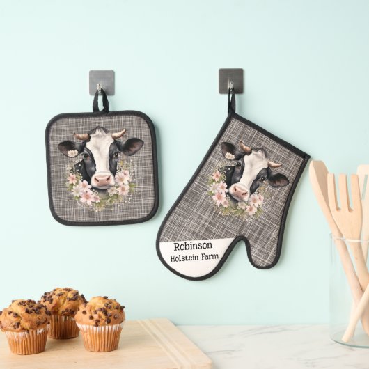 Zwart-wit Holstein Koe met bloemen Ovenwant & Pannenlap Set (Insitu(Ophanging))