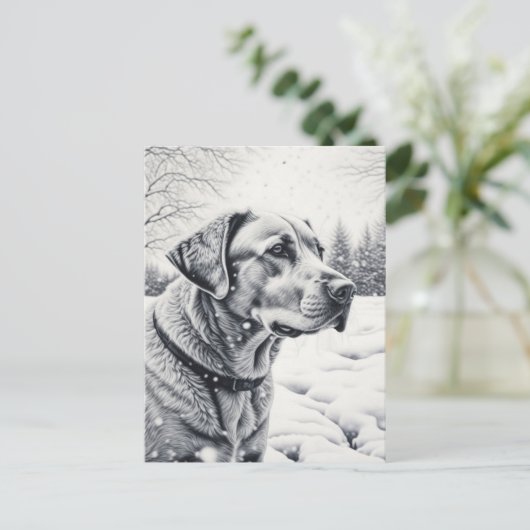 Zwart-wit Hond AI Schets Winter Scène Briefkaart (Staand voorkant)