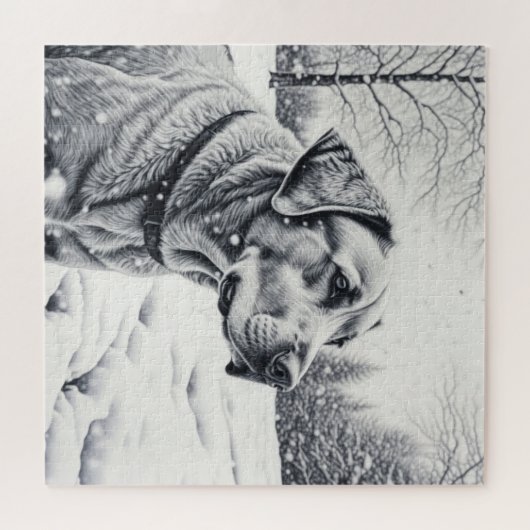 Zwart-wit Hond AI Schets Winter Scène Legpuzzel (Horizontaal)