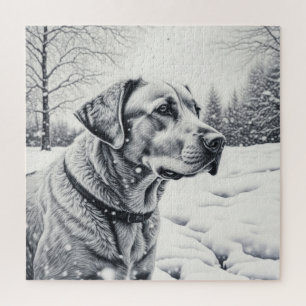 Zwart-wit Hond AI Schets Winter Scène Legpuzzel