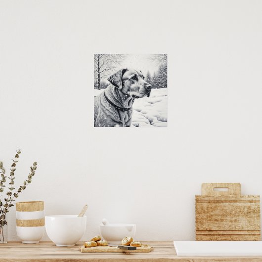 Zwart-wit Hond AI Schets Winter Scène Poster (Keuken)