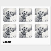 Zwart-wit Hond AI Schets Winter Scène Vierkante Sticker (Vel)