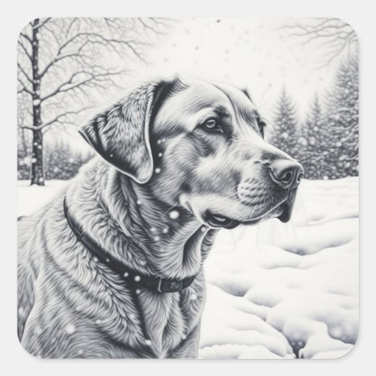 Zwart-wit Hond AI Schets Winter Scène Vierkante Sticker (Voorkant)
