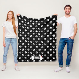 Zwart-wit hondenpootafdrukken en hartenpatroon fleece deken