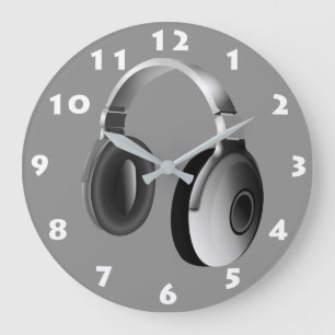 ZWART-WIT HOOFDTELEFOONS MET WITTE CIJFERS GROTE KLOK