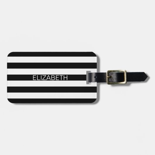 Zwart wit horizontaal preppy stripe Name Monogram Bagagelabel (Voorkant horizontaal)