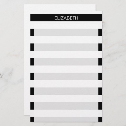 Zwart wit horizontaal preppy stripe Name Monogram Briefpapier (Voorkant / Achterkant)