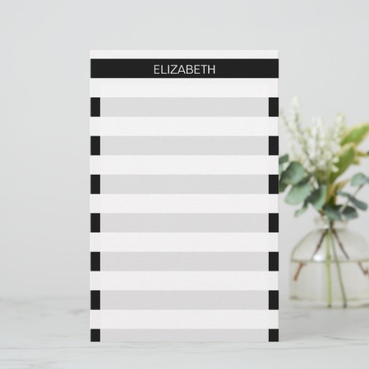 Zwart wit horizontaal preppy stripe Name Monogram Briefpapier (Staand voorkant)