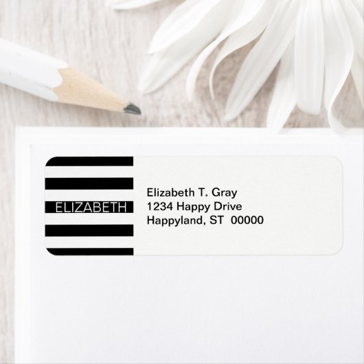 Zwart wit horizontaal preppy stripe Name Monogram Etiket (Insitu)