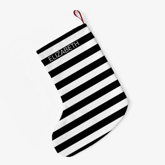 Zwart wit horizontaal preppy stripe Name Monogram Kleine Kerstsok (Achterkant (Hangend))