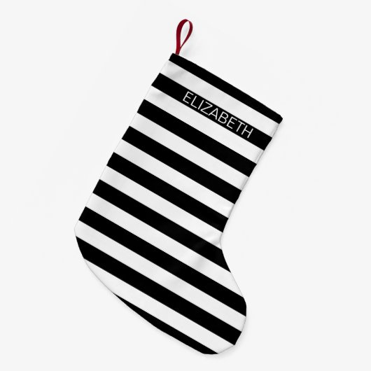 Zwart wit horizontaal preppy stripe Name Monogram Kleine Kerstsok (Voorkant (Hangend))