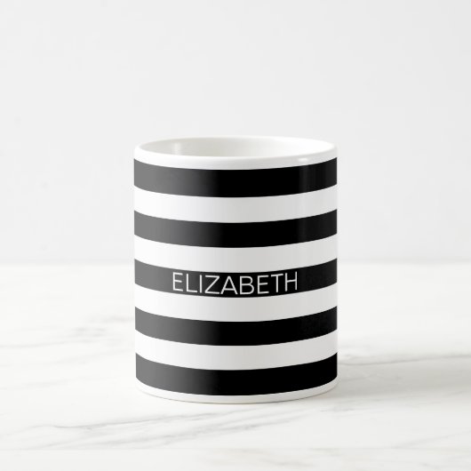 Zwart wit horizontaal preppy stripe Name Monogram Koffiemok (Center)