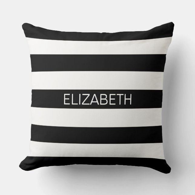 Zwart wit horizontaal preppy stripe Name Monogram Kussen (Voorkant)