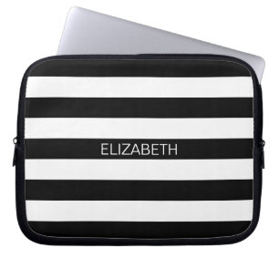 Zwart wit horizontaal Preppy Stripe Name Monogram Laptop Sleeve