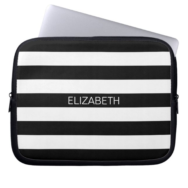 Zwart wit horizontaal preppy stripe Name Monogram Laptop Sleeve (Voorkant)