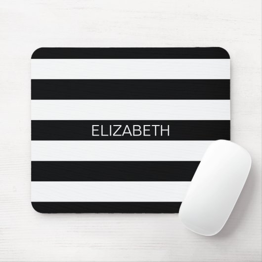 Zwart wit horizontaal preppy stripe Name Monogram Muismat (Met muis)