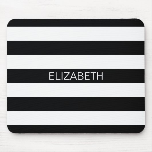 Zwart wit horizontaal preppy stripe Name Monogram Muismat (Voorkant)