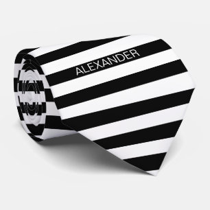 Zwart wit horizontaal preppy stripe Name Monogram Stropdas