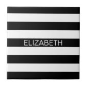 Zwart wit horizontaal preppy stripe Name Monogram Tegeltje (Voorkant)