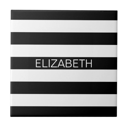 Zwart wit horizontaal preppy stripe Name Monogram Tegeltje (Voorkant)