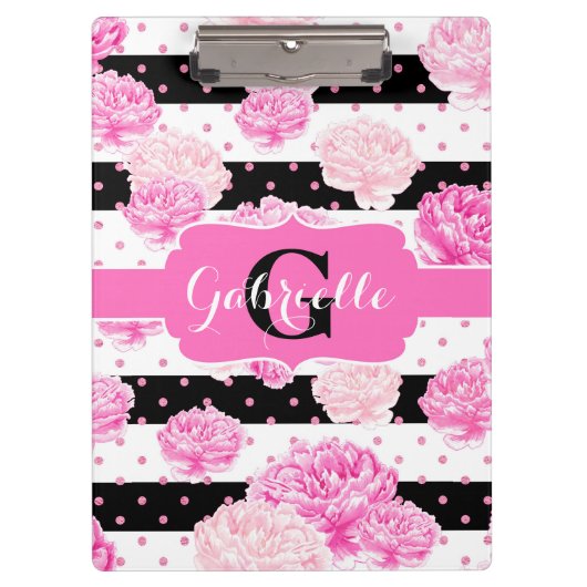 Zwart-wit horizontale strepen Bloemmonogram Klembord (Voorkant)