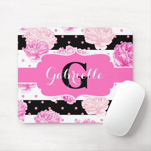 Zwart-wit horizontale strepen Bloemmonogram Muismat (Met muis)