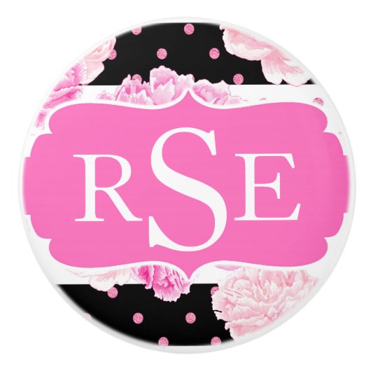 Zwart & Wit Horizontale Strepen Waterverf Bloemen Keramische Knop (Voorkant)