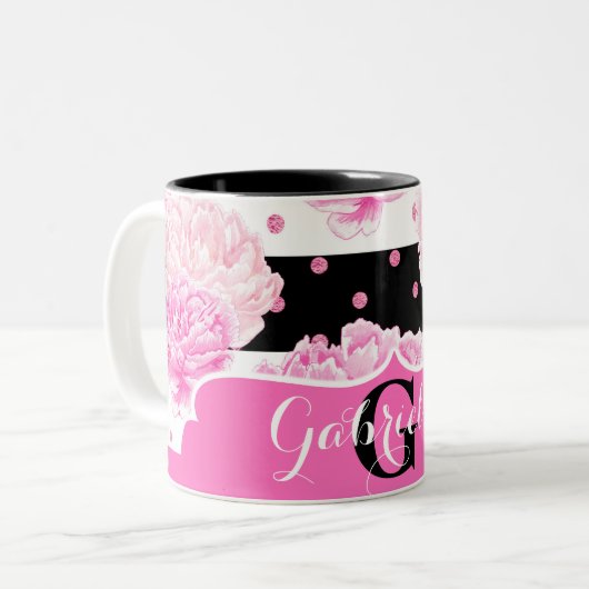 Zwart & Wit Horizontale Strepen Waterverf Bloemen Tweekleurige Koffiemok (Voorkant links)