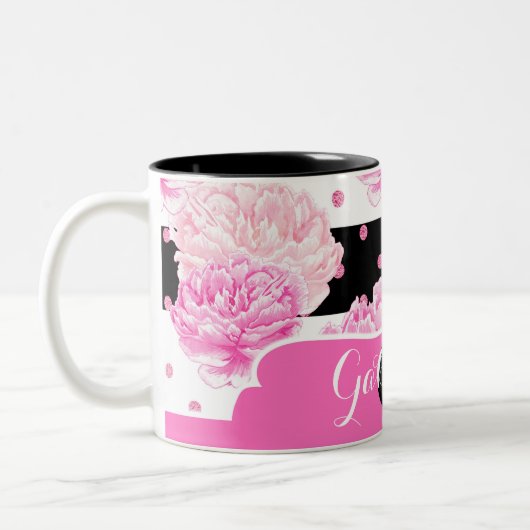 Zwart & Wit Horizontale Strepen Waterverf Bloemen Tweekleurige Koffiemok (Links)