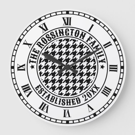 Zwart & Wit Houndstooth Familienaam Datum Opgerich Grote Klok (Voorkant)