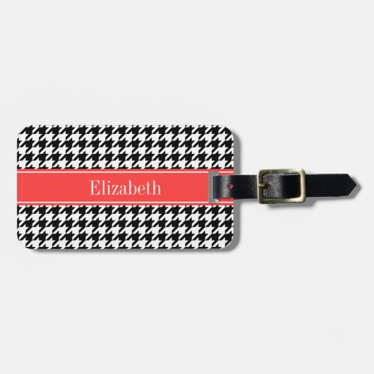 Zwart Wit Houndstooth Koraal Rood Naam Initiaal Bagagelabel (Voorkant horizontaal)