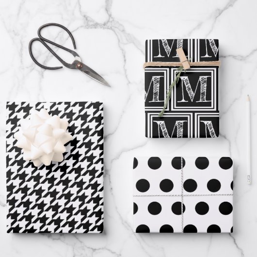 Zwart-wit Houndstooth Monogram Polka Dot Inpakpapier Vel (Voorkant)