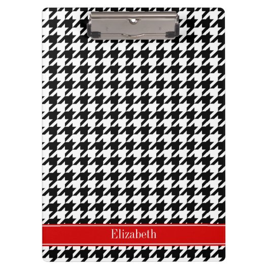 Zwart Wit Houndstooth Rood Naam Initialen Klembord (Voorkant)