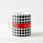 Zwart Wit Houndstooth Rood Naam Initialen Koffiemok (Voorkant links)