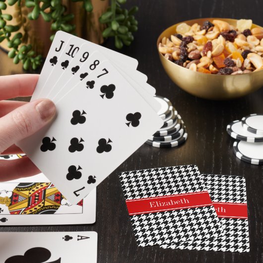 Zwart Wit Houndstooth Rood Naam Initialen Pokerkaarten (Insitu)